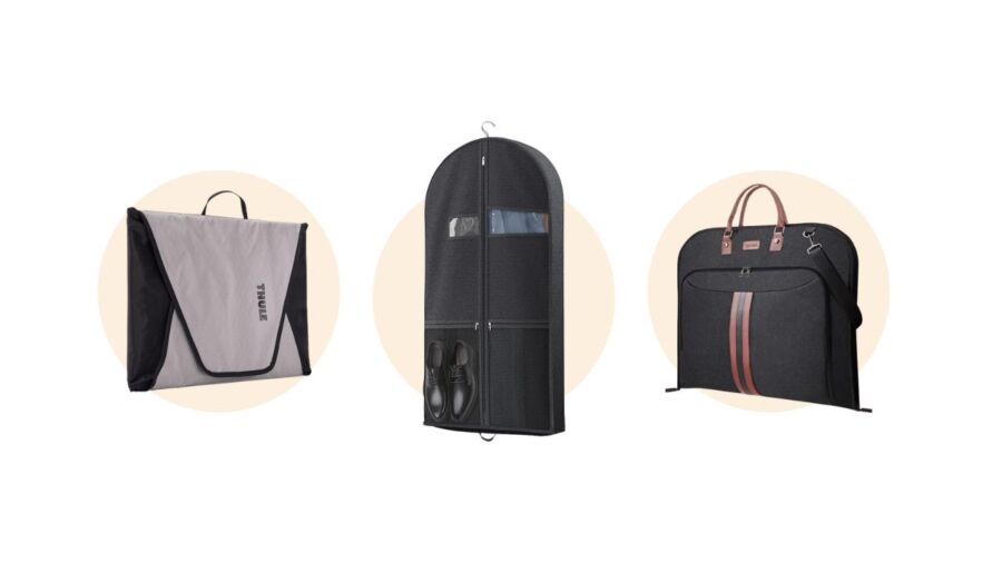 Display of three different suitcases and bags, featuring carry-on garment folders for suits.