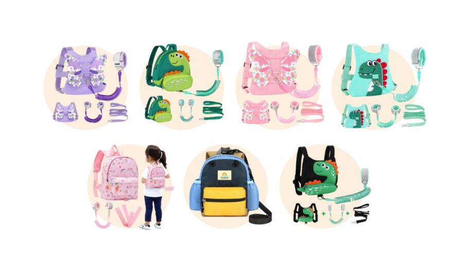 Variety of children's harness backpacks featuring colorful designs and patterns, arranged for display.