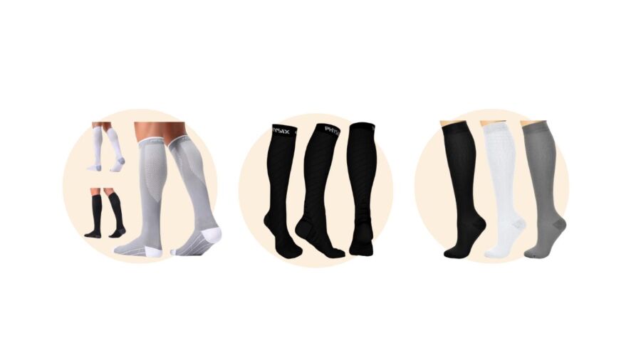 Collection of knee-high compression socks, tailored for comfort and support during extended train travel.

