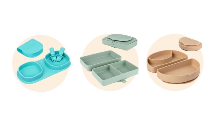 Three fold-flat silicone baby travel plates in various shapes, showcasing their versatility and compact design for easy storage.
