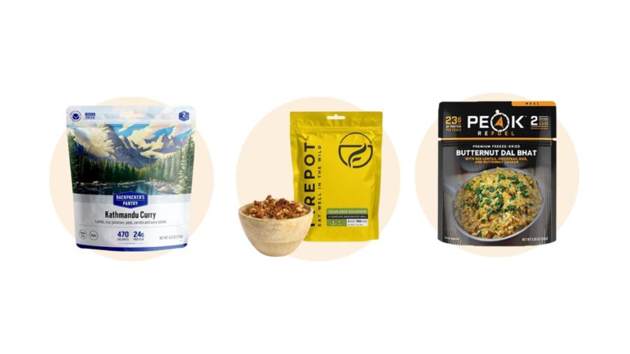 Different freeze-dried vegan meals for hiking, displayed in colorful packaging, highlighting convenient outdoor food choices.