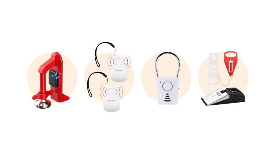 Collection of four red and white travel security gadgets: a door lock, two alarms, a portable doorstop alarm, and a door lock with a keychain.