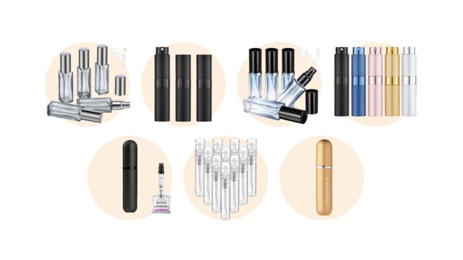 Assortment of makeup items featuring leakproof mini perfume atomizers, displayed together for visual appeal.