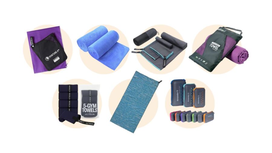 Assorted items including yoga mats, towels, and different styles of odor-resistant microfiber camp towels displayed together.
