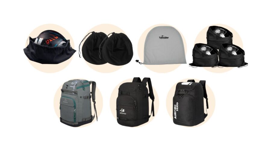 Variety of packable ski helmet bags and backpacks displayed together, showcasing different colors and styles.
