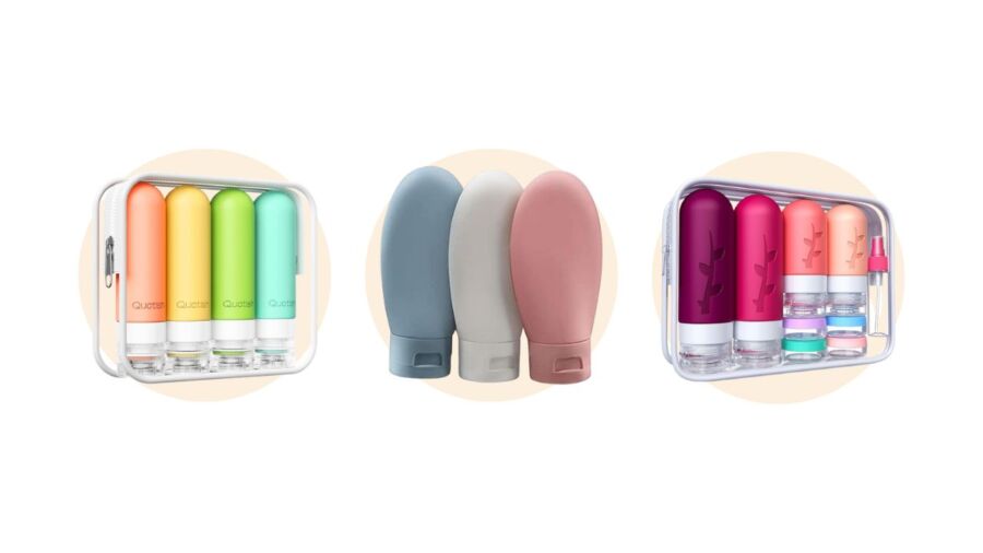 Case containing four distinct vibrators and various refillable silicone squeeze bottles for personal use.