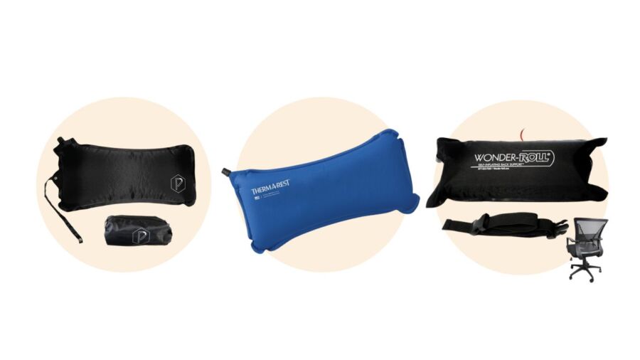 Three lumbar support pillows are displayed on a white background with soft, beige circles behind them. They vary in shape and color: a black inflatable pillow, a blue foam pillow, and a black adjustable roll with a strap, suggesting comfort and ergonomic support.
