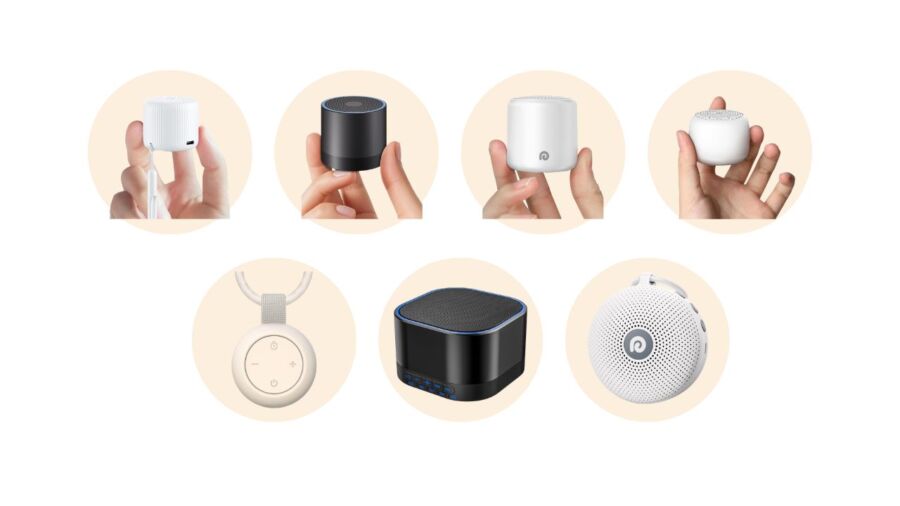 Different models of travel-size white noise machines displayed, highlighting their unique designs and sound options for travelers.
