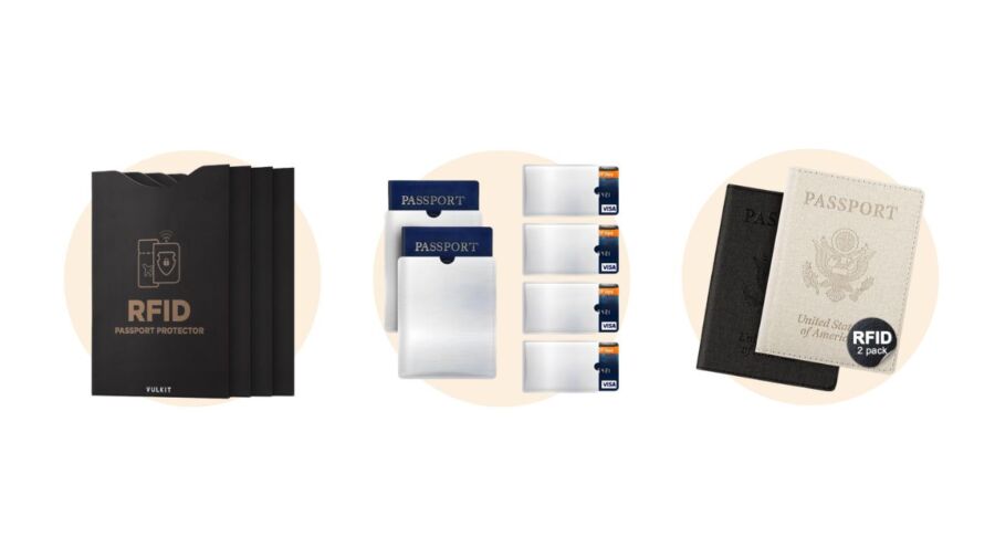 Collection of ultralight RFID passport sleeves alongside various types of cards and papers on a table.