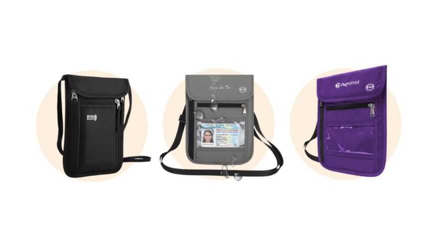 Three purses displaying various items, including waterproof passport holder lanyards, showcasing different styles and functions.