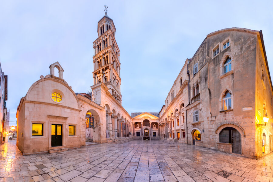 Diocletian's Palace in Split, Croatia, showcasing ancient Roman architecture and historic stone structures.