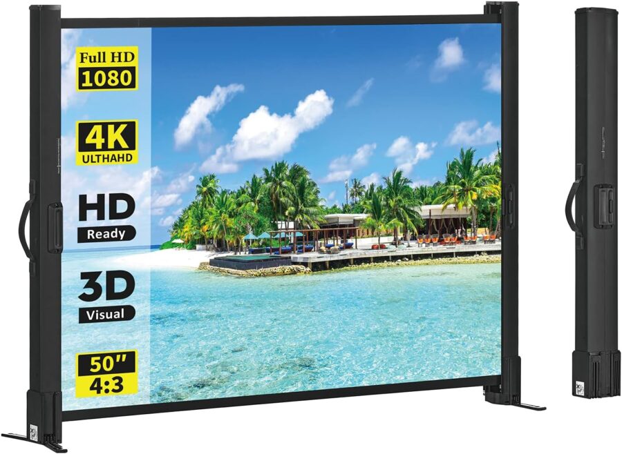 Portable projection screen with stunning beach scene; Full HD, 4K, and 3D ready.