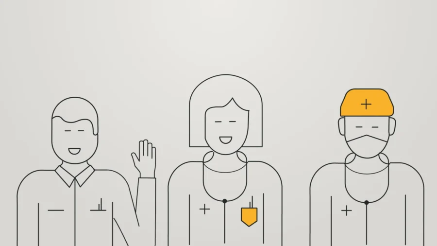 Healthcare team illustration with diverse professionals: doctor, nurse, and service worker.