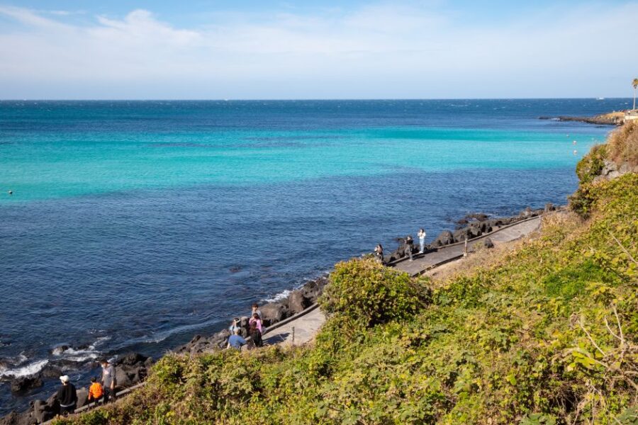Handam Coastal Trail scenic ocean view with rocky shoreline, walking path, turquoise water and greenery.