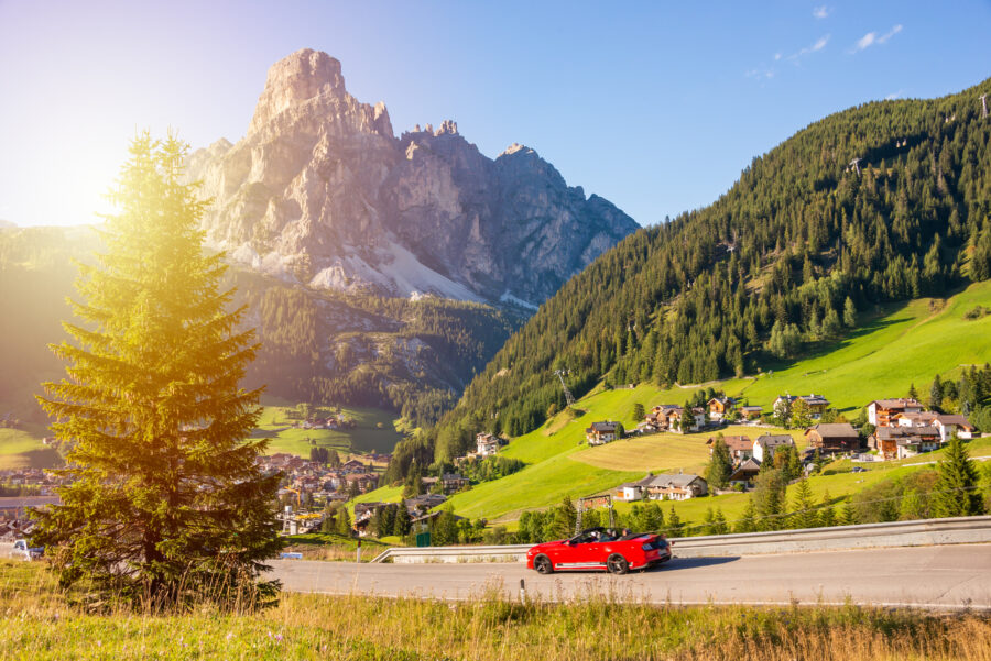 Scenic drive through the Dolomite Alps in Italy, showcasing stunning mountain landscapes and natural beauty