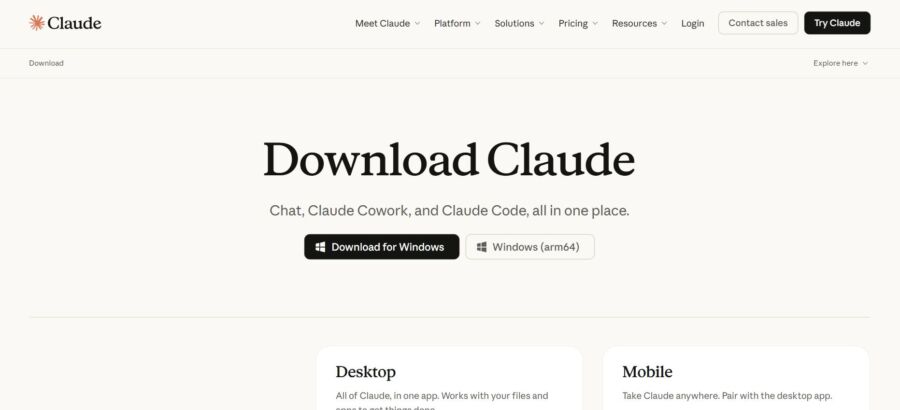 Claude download page with options for Windows and arm64 versions. Interface offers links to desktop and mobile solutions, emphasizing simplicity.