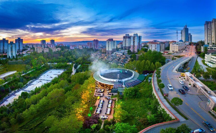 Aerial view of Downtown Ankara, Turkey, showcasing a large building prominently in the foreground.