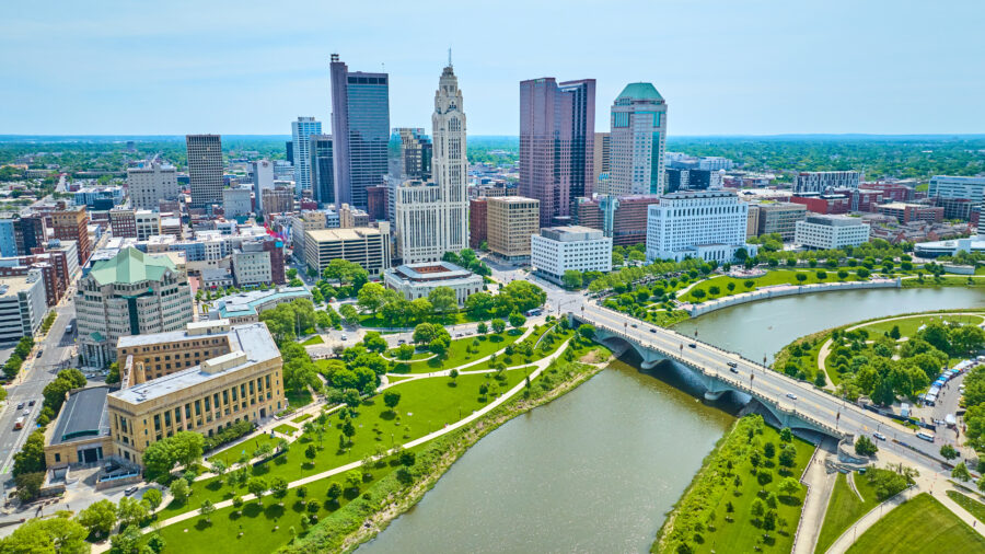 Aerial view of downtown Columbus, Ohio, showcasing the Scioto River