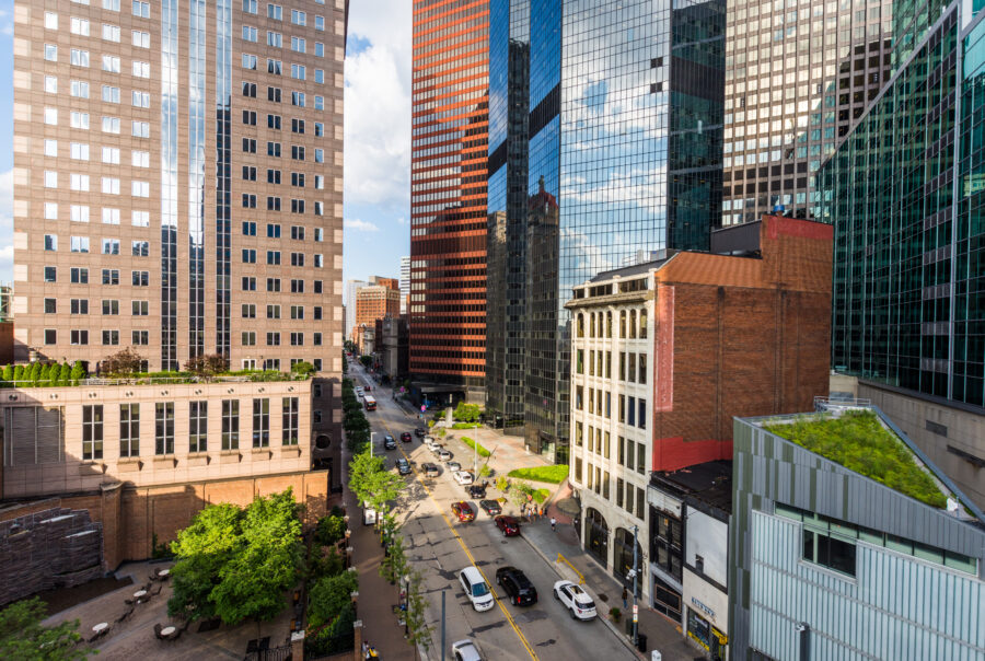 Aerial view of the downtown cultural district near Allegheny Landing in Pittsburgh, Pennsylvania