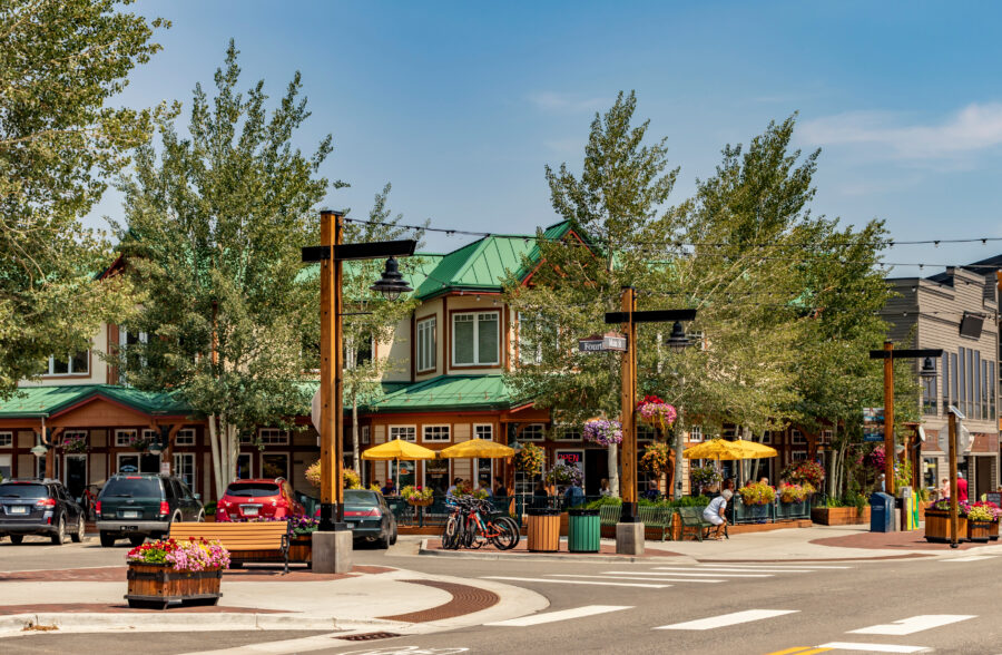 Downtown Frisco, Colorado, features a lively Main Street, reflecting the quaint atmosphere of a summer ski resort town.