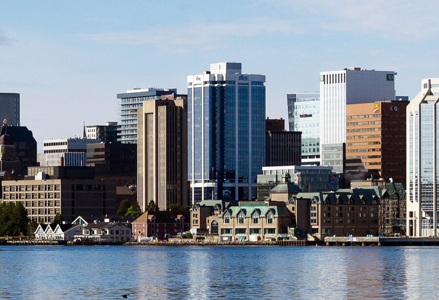 Expansive water view featuring Downtown Halifax, highlighting the urban landscape of Halifax, Nova Scotia, Canada.