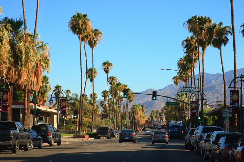 Bright blue sky above Downtown Palm Springs, reflecting a perfect sunny atmosphere.
