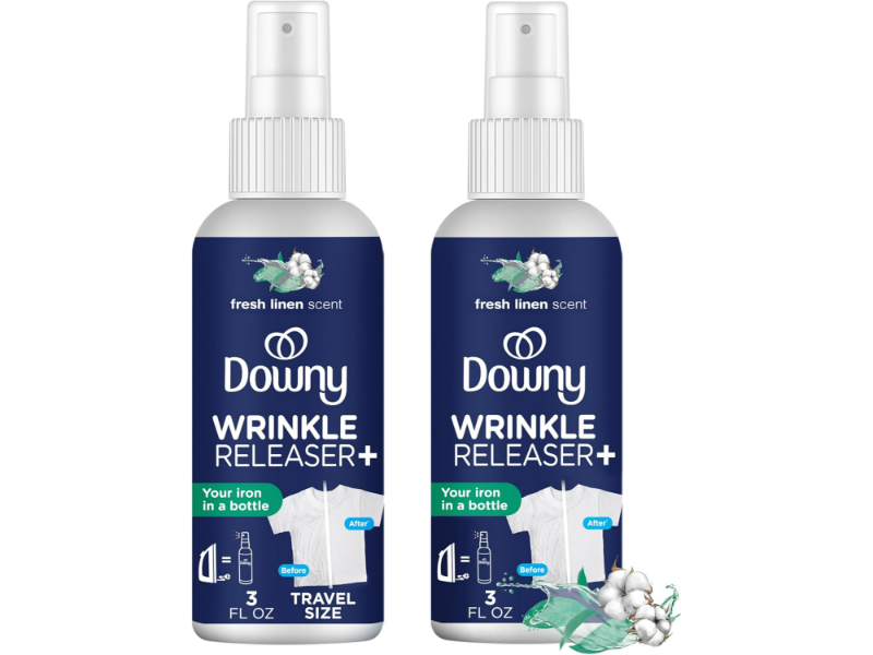 Travel-size Downy Wrinkle Releaser Spray, 3oz bottles, fresh linen scent, eliminates clothing wrinkles.