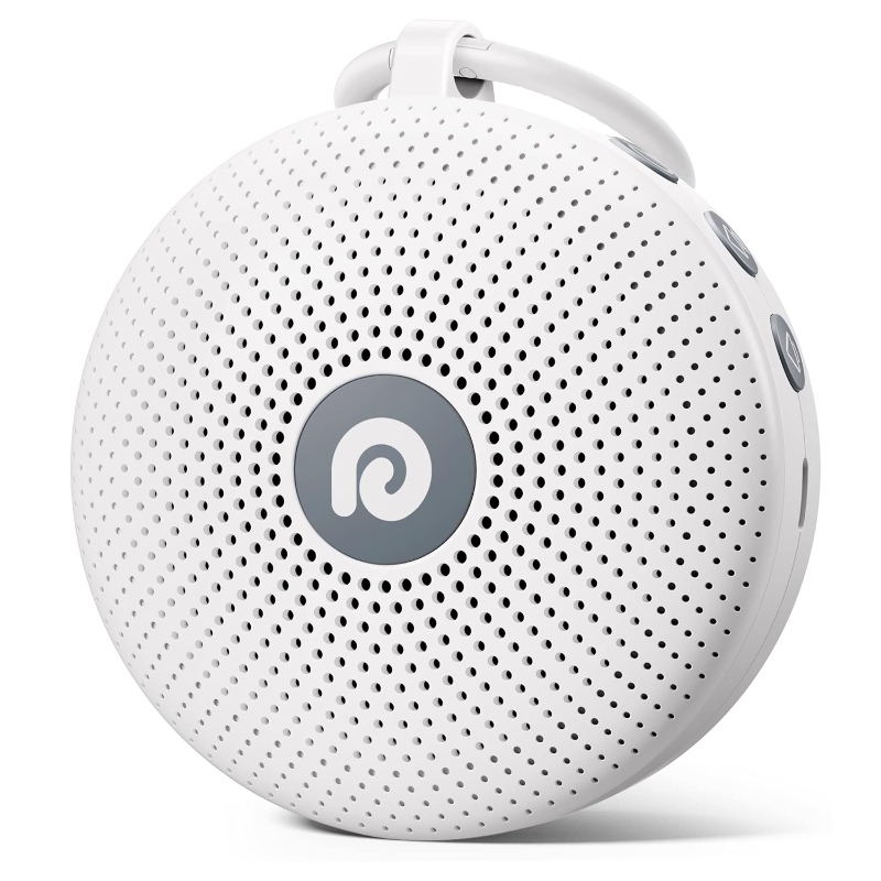 Portable white Dreamegg Travel White Noise Machine featuring a small hole for sound, ideal for travel and relaxation.
