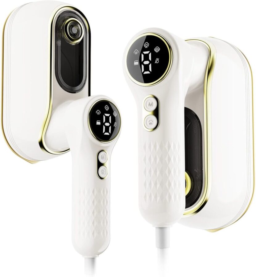 NIASSO Portable Travel Steamer: dual white handheld units with docks, ergonomic digital displays.