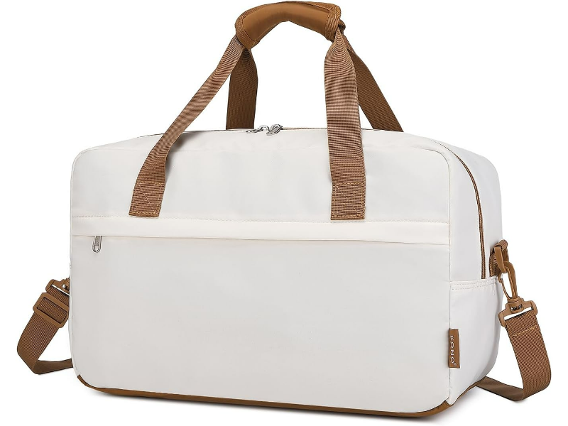 Versatile white travel duffel with brown accents and adjustable strap for stylish functionality.