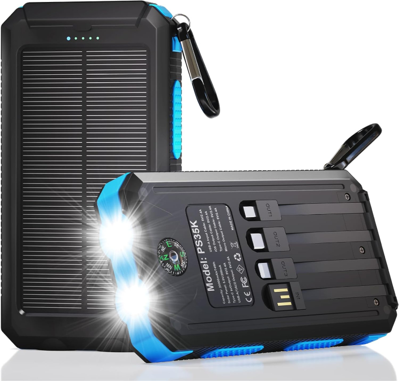 Durecopow solar power bank, 20,000mAh, equipped with LED lights for enhanced usability during outdoor activities.

