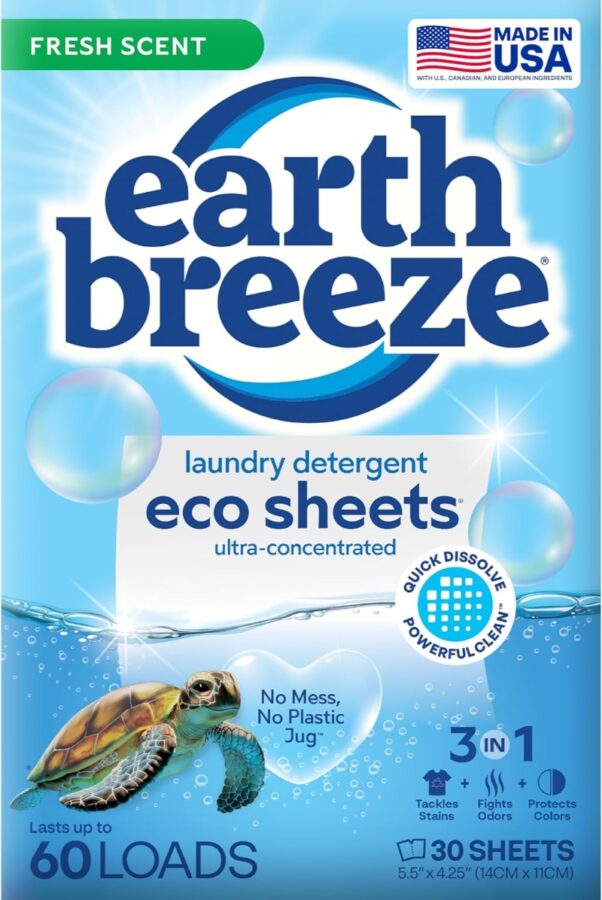Packaging for Earth Breeze eco sheets laundry detergent. Features include quick dissolve, made in USA, fresh scent, 3-in-1 action, 60 loads.
