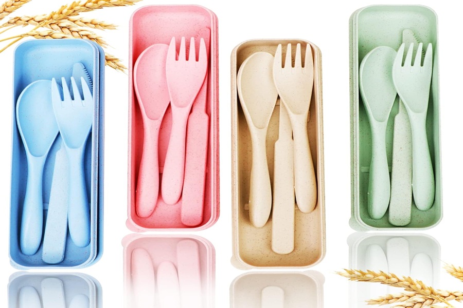 Stylish eco-friendly reusable cutlery sets in pastel colors, ideal for modern sustainable dining.
