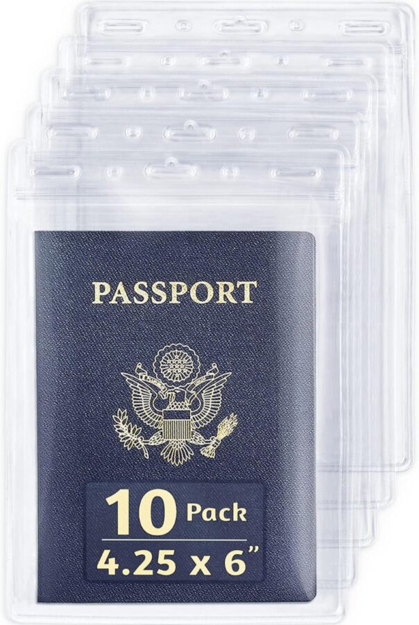 Clear EcoEarth passport holder displaying 10 waterproof passport cards, ideal for travel organization and protection.