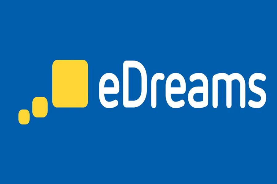 eDreams logo on blue background with white text and yellow geometric shapes.