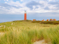 Red Eierland Lighthouse on Texel island, surrounded by sand dunes and marram grass under a clear blue sky in North Holland.