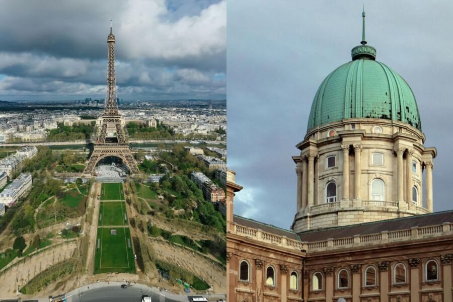 Eiffel Tower and Buda Castle dome represent Parisian artistry and Budapests neoclassical heritage.