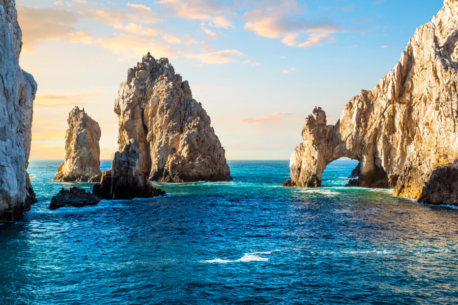 The iconic El Arco Arch at Land's End, Cabo San Lucas, featuring dramatic rock formations on the Baja Peninsula, Mexico.