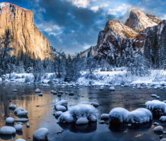 Panoramic Winter Sunrise Reflections on Yosemite Valley View, Yosemite National Park, California