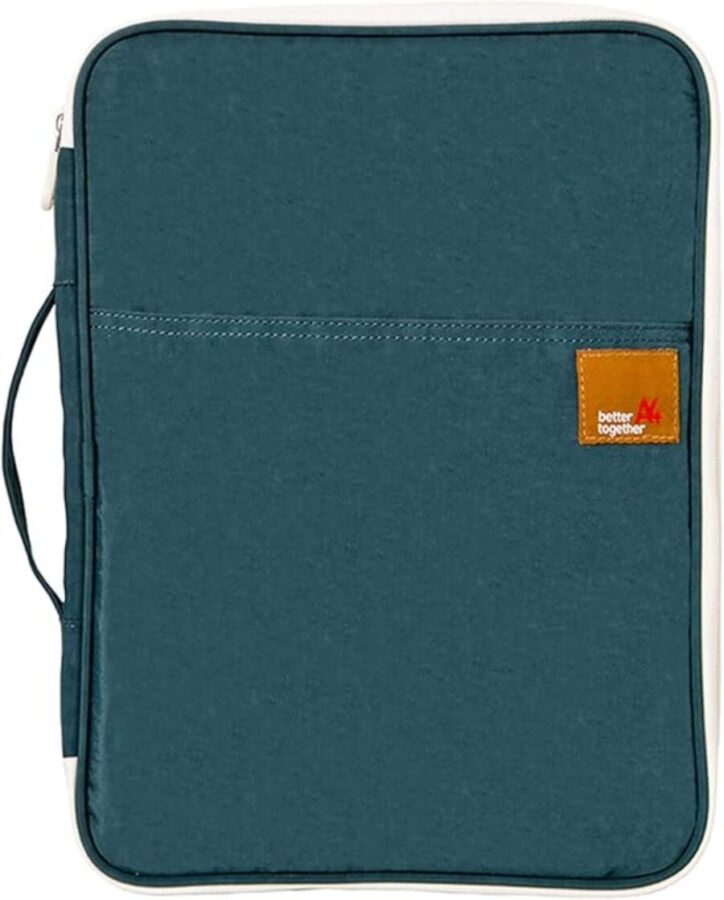 Blue laptop case with an orange label displaying "El-fmly Travel Document Holder."