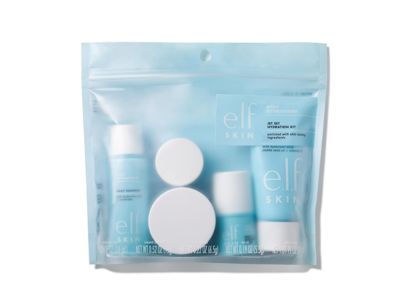 e.l.f. Skin travel skincare set, includes hydration products in blue, clear packaging.
