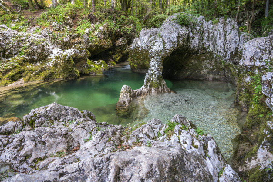 Mostnica Gorge emerald pool with limestone arch and forested karst cliffs.