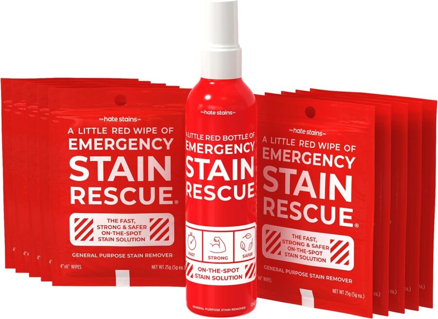 Emergency Stain Rescue travel kit with red spray bottle and stain remover wipes.