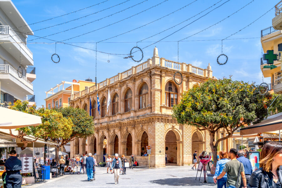 Enetikí Loggia in Heraklion, Crete, Greece, showcasing historic architecture and vibrant local culture