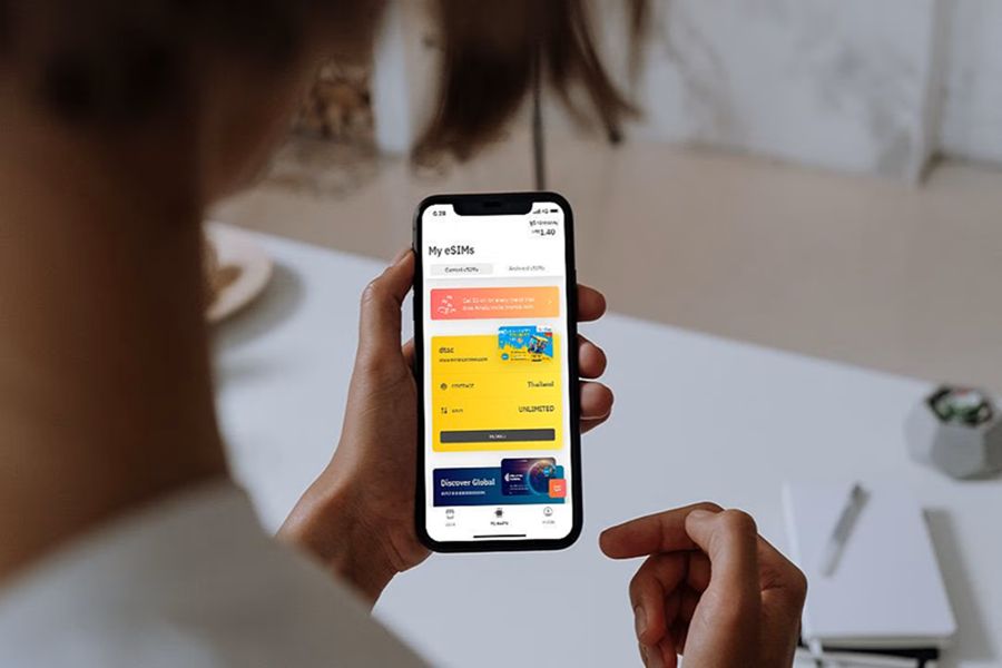 Mobile app interface for eSIM management on smartphone, ideal for travelers.