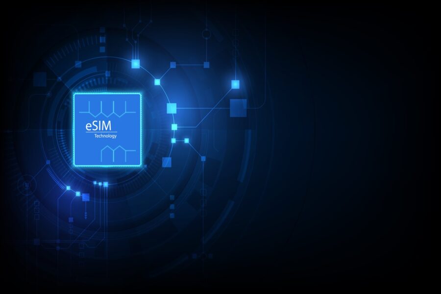 eSIM chip glowing amidst circuit patterns, symbolizing innovative digital connectivity technology.
