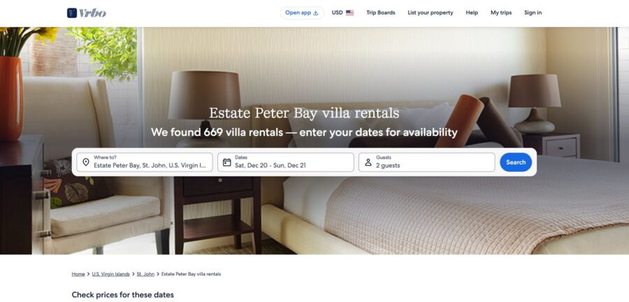VRBO listings for Peter Bay Villa Rentals, showcasing exquisite properties with beautiful views and high-end features.