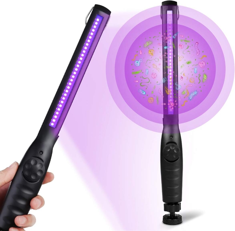 Individual demonstrating the ESUEXO UV Sanitizer Wand, holding a purple light stick with a glowing purple bulb.