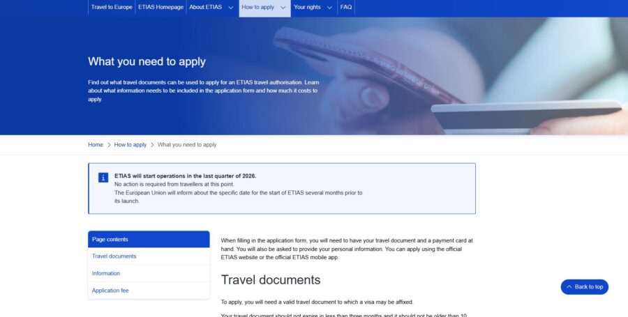 ETIAS application guide on the European Union website, detailing steps for travelers to apply for travel authorization.