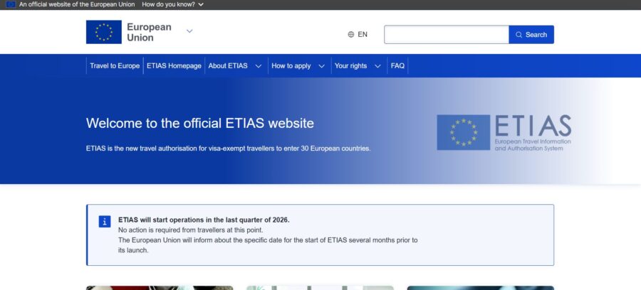 ETIAS website homepage showcasing European Union travel authorization information and application process.